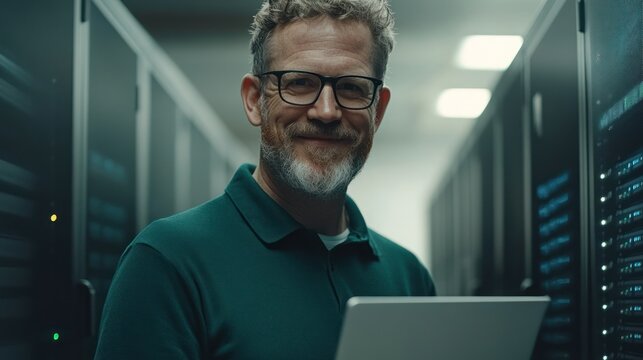 IT professional in a green shirt smiles while managing servers with a laptop in a data center