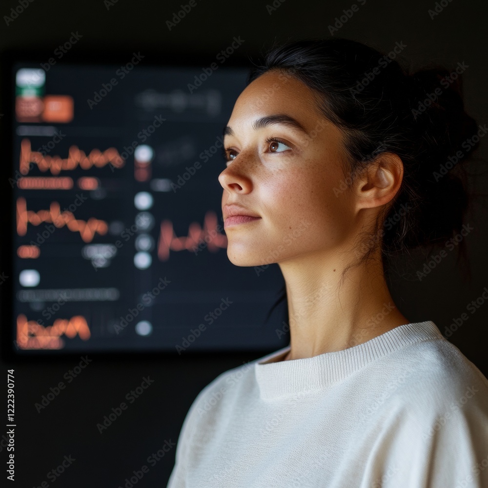 Poster minimalist wellness tech hub interactive health monitoring screens with mixed-race woman analyzing m