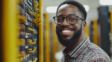 Technician adjusts network cables in a data center while smiling and enjoying the work environment