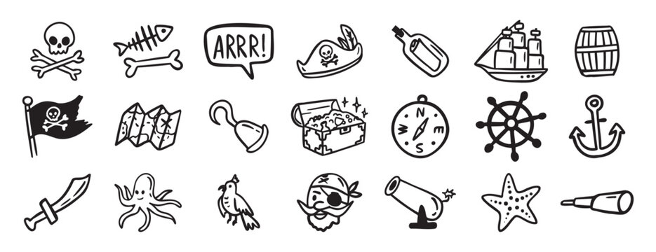 pirate adventure and sea elements. ship, coins, bottle, anchor doodle hand drawn icon set. Outline drawing pirate sea adventure line clipart symbol collection
