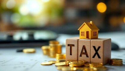 A house model positioned next to tax paperwork on a table, emphasizing the importance of tax day for homeowners