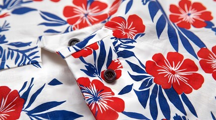 Obraz premium Closeup Red Blue Floral Hawaiian Shirt Fabric Texture