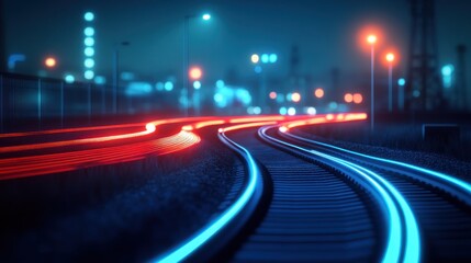 Naklejka premium Train tracks weave through a vibrant city at night, filled with glowing lights and energy