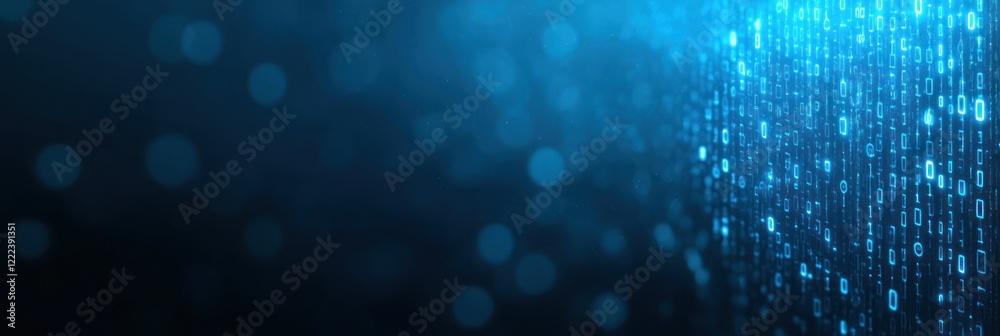 Poster blue binary code streams cascade through a dark backdrop, creating a digital atmosphere of technolog