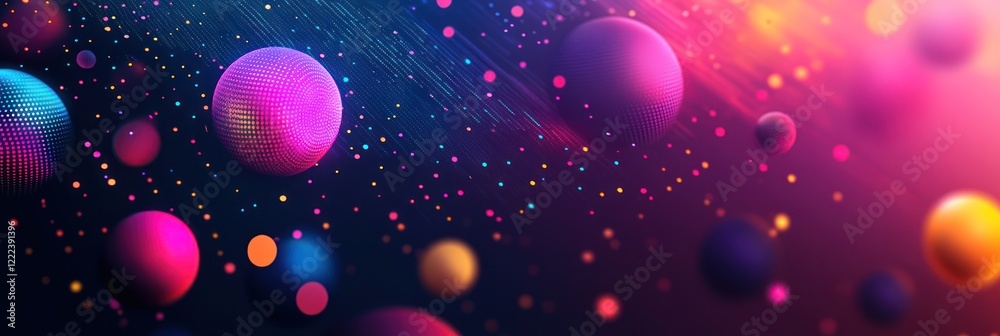 Poster vivid spheres and particles float in a dark backdrop, creating an engaging abstract design full of c