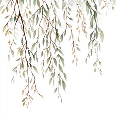 Obraz premium Hanging branches, green leaves, white background, nature design, wall art