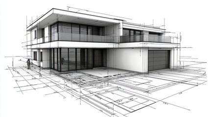 Architectural drawing of a modern two story house with spacious layouts and glass design