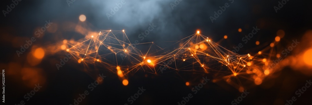 Poster bright nodes and glowing lines create a web like structure in a dark, smoky background