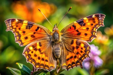 A San Francisco Bay Area Satyr Comma butterfly, Polygonia satyrus, with worn wings; sharp focus.