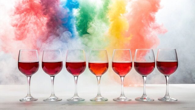 Rainbow Wine Tasting: Seven wine glasses filled with varying shades of red wine are arranged in a row against a vibrant backdrop of rainbow-colored smoke.