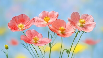 Delicate pink flowers stand tall with vibrant yellow accents in a calming blue backdrop