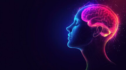Obraz premium Colorful silhouette of a woman with a glowing brain, highlighting intellectual and creative thinking
