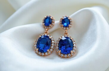 Beautiful Golden pair of earrings with sapphire on a white satin background. Luxury female jewelry, close-up. Selective focus