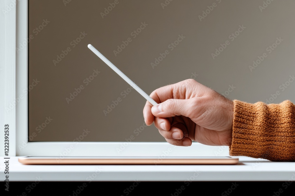 Aufkleber Soft Minimalist Workspace Indian Hand with Stylus and Tablet by Window - Enhancing Remote Tutoring and EdTech Engagement in Modern Study Practices