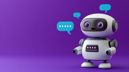 A friendly robot character with expressive eyes interacts with colorful speech bubbles