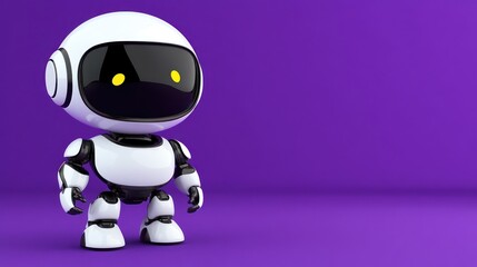 A sleek, friendly robot poses against a bright purple backdrop, showcasing modern innovation