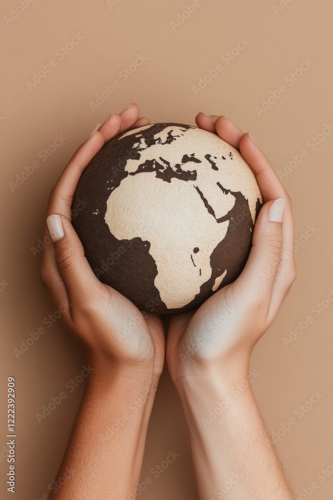 Aufkleber Contemporary Diversity Display Textured Globe in Hands on Neutral Background - Global Unity Theme for Modern Business and Inclusive Marketing Strategies