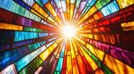 Radiant sunburst stained glass in a chapel window, capturing the interplay of light and color with vivid precision