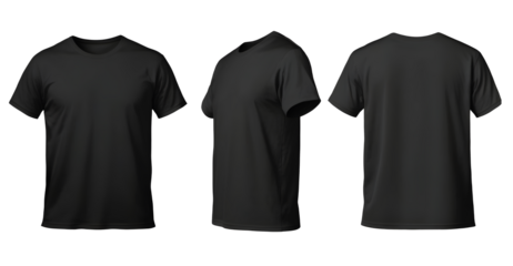 Black t-shirt mockup showing front and back views, sleeve view isolated on a transparent PNG background.