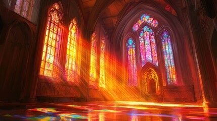 Obraz premium Radiant sunlight piercing through intricate stained-glass windows, illuminating a church interior with vivid hues