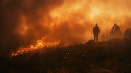 Fototapeta premium Firefighter Standing Vigil on a Hillside as Wildfire Spreads Below