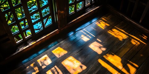 Sunlight Through Wooden Window Pane on Floor