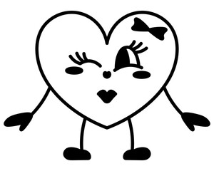 Obraz premium Heart character. Young girl in love symbol shape winks and sends a kiss. Smile on face, bow decoration, eyelashes, air kiss, arms out to the sides. Sketch. Vector illustration. Doodle style. 