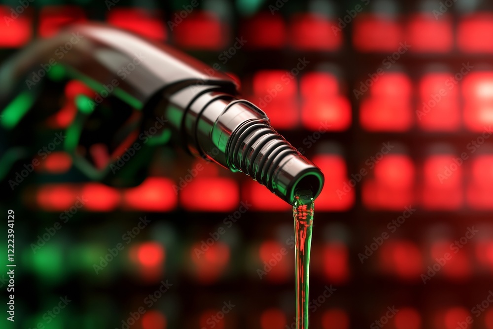Poster futuristic fuel pump macro metallic handle with dripping oil and financial overlays - energy market 
