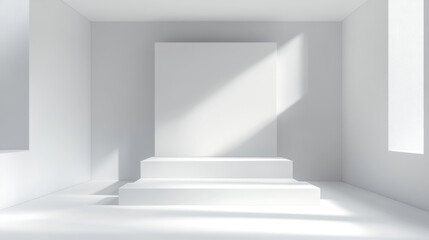 Obraz premium White booth stand with walls, floor and platform for products display. Realistic 3d vector illustration of studio or exhibition room interior mockup. Trade expo event template of presentation kiosk.