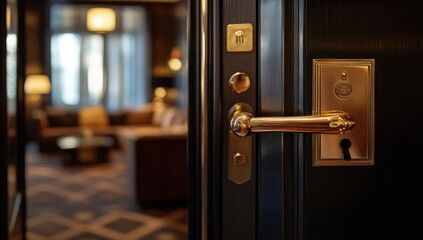 Obraz premium Luxurious Hotel Room Door with Golden Handle and Elegant Interior Glimpse