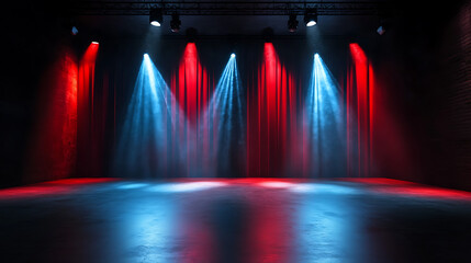 Empty room background template of a theater stage spotlights and red and black curtains