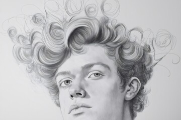 Detailed pencil sketch showcasing a young man with an elaborate, voluminous hairstyle, captured in a close up portrait