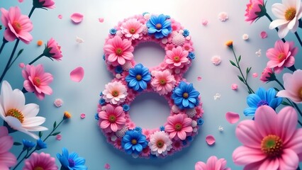 Colorful flower wreath with number eight. Concept of March 8, Women's Day.
