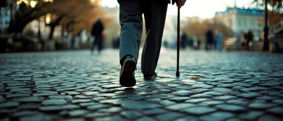 Old man walks on cobblestone path with a cane, surrounded by blurred figures and autumn colors, conveying resilience and solitude.