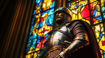 Stained glass art of a Templar knight in a cathedral, showcasing colorful light and intricate craftsmanship