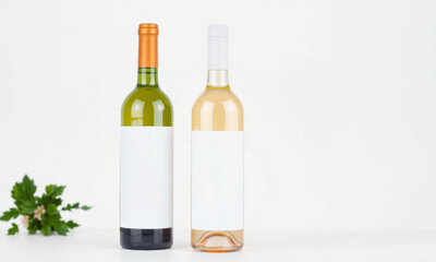 Two wine bottles with blank labels on white background, ideal for branding or mockup purposes. Fresh greenery adds touch of elegance