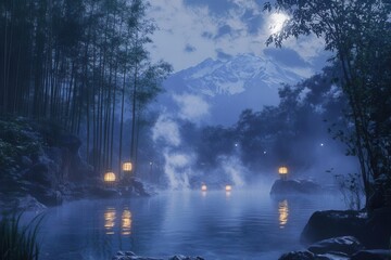 a serene mountain hot spring nestled in bamboo forest, steam rising in moonlight, traditional japanese lanterns casting warm glow on crystal-clear waters, snow-capped peaks in distance