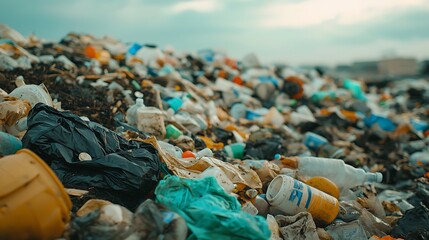 A cluttered landscape filled with various types of plastic waste, highlighting the environmental impact of pollution and the need for sustainable practices.