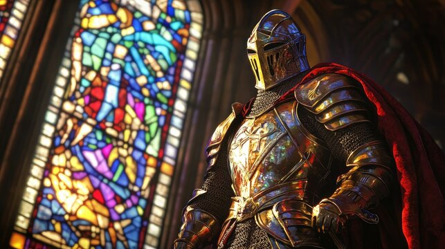Stained glass artwork of a Templar knight, showcasing glowing colors and detailed armor in a cathedral setting