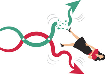 Fototapeta premium Investment mistakes cause businesswomen to lose their income and fall off the rising but falling chart