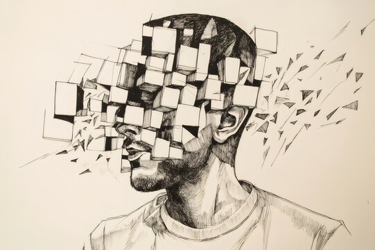 Ink sketch of a man with fragmented head exploding into geometric cubes and triangles, representing mental health issues