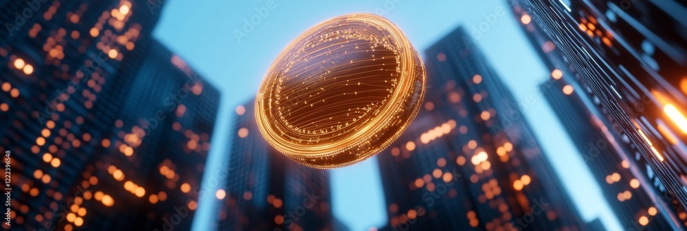 Aufkleber Futuristic Neon Cityscape with Digital Coin Innovative Blockchain Network in Urban Development for Modern Fintech and Sustainable Economic Solutions