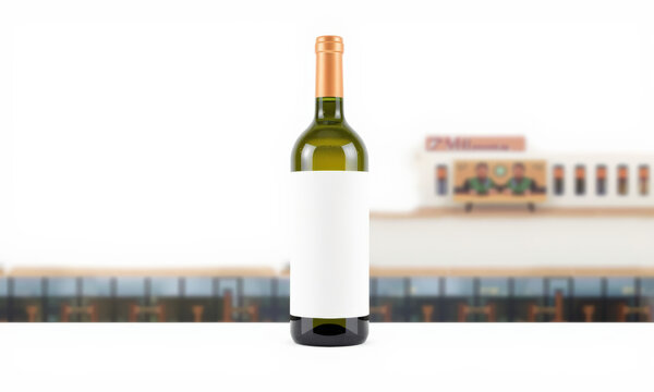 wine bottle mockup with blank label, set against blurred background of building. Ideal for branding and design projects