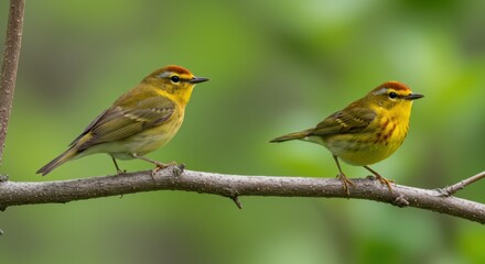 Pair of colorful songbirds perched on branch against lush green background