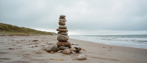 A tower of assorted stones stands firmly on a sandy beach, with the vast ocean creating a soothing backdrop.