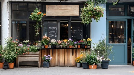Naklejka premium Charming Flower Shop Display with Colorful Blooms and Greenery