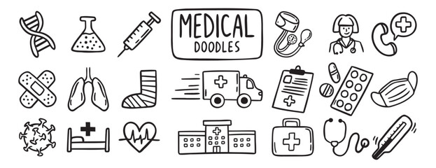 medical health care doodle hand drawn icon set. Outline drawing medical health care items line clipart symbol collection. Outline drawing line clipart symbol collection