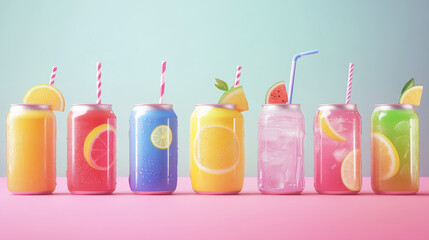 Soda cups and cans set, cold drinks of various flavors lemon, peach, watermelon and sea buckthorn or blueberry. Closed metal or plastic bottles with straws, fizzy fresh beverages, Cartoon illustration