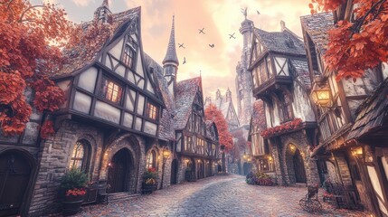 Fototapeta premium Autumnal Medieval Village Street Scene at Sunset