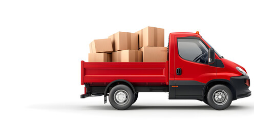 Logistic concept. Red delivery truck loaded with cardboard boxes, ready for transportation.